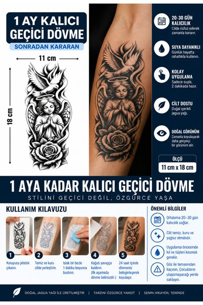 TattooLiva 1 Ay Kalıcı 24 Saat Sonra Kararan 11x18 cm Büyük Boy Melek gül güv...
