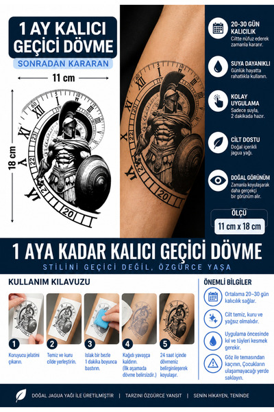 TattooLiva 1 Ay Kalıcı 24 Saat Sonra Kararan 11x18 cm Büyük Boy Savaşcı Spart...