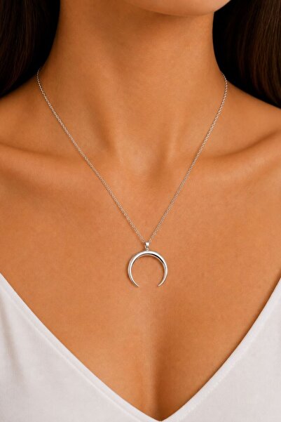 925 Ayar Orijinal Gümüş Kişiselleştirilmiş Minimalist Ay Kolye - Silver Renk