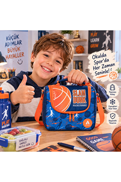 Adel Junior Slam Dunk Basketbol Desenli Termoslu Beslenme Çantası