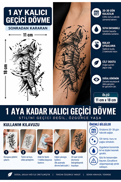 TattooLiva 1 Ay Kalıcı 24 Saat Sonra Kararan 11x18 cm Büyük Boy Samuray model...