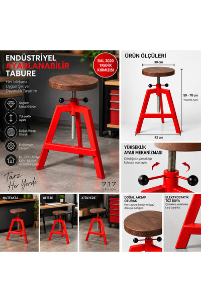 717 DESİGN Yüksekliği Ayarlanabilir Bar Taburesi | Döner Metal Tabure | Endüs...