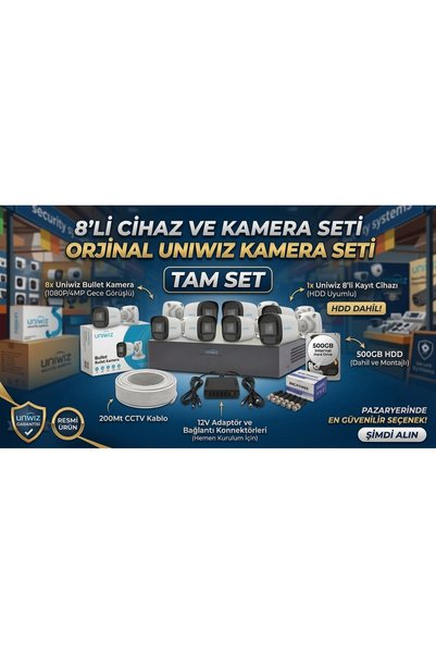 8 Kameralı AHD Kamera Seti - TAM SET (500GB HDD + 200M Kablo Dahil)