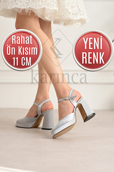 Karınca Gümüş Saten Abiye Ayakkabı - 11 Cm Önü Kapalı Topuklu Ayakkabı