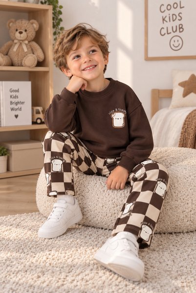 Novella18 Boy's Checkered Patterned 3-Strand Non-Padded 100% Cotton Top and Bottom Set
