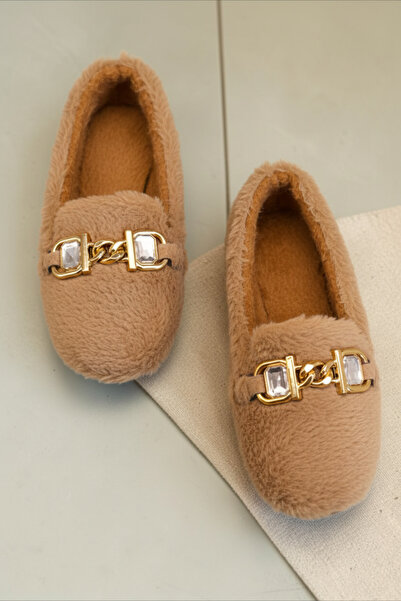 HFKY Women's Gold Chain, Crystal Stone Detailed Plush Indoor Ballerinas. Home...