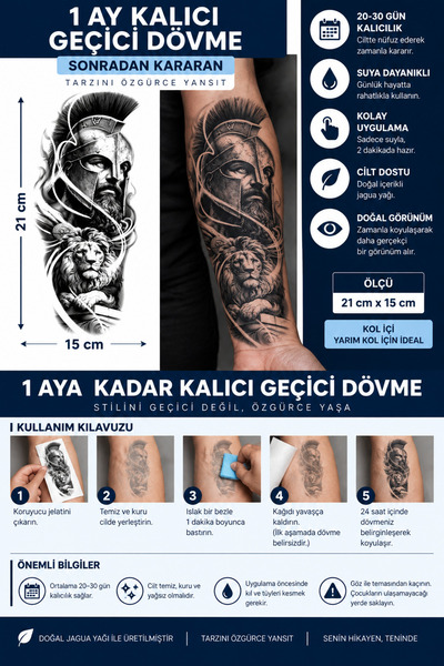 TattooLiva 1 Ay Kalıcı 24 Saat Sonra Kararan 15x21 cm Yarım Kol Spartalı Sava...