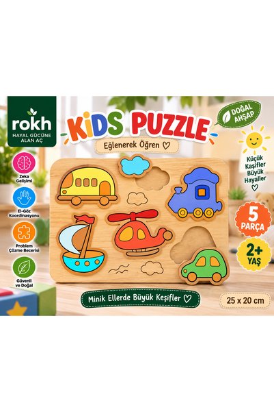 ROKH 🧩   Wooden Montessori Puzzle for Children |   Vehicle Themed Educational Wooden Puzzle |   5 Pieces 25X20 cm