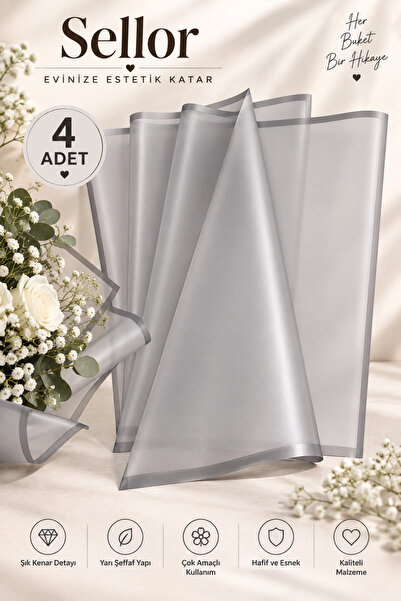 Sellor Gri Kenarlı Çiçek Buket Ambalajı 57x57 cm 4’lü Set Yarı Şeffaf Çiçek P...
