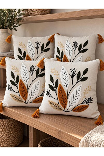 Botanica Yaprak Desenli Püsküllü Punch 4'Lü Kırlent Kılıfı (İç Dolgusuz)