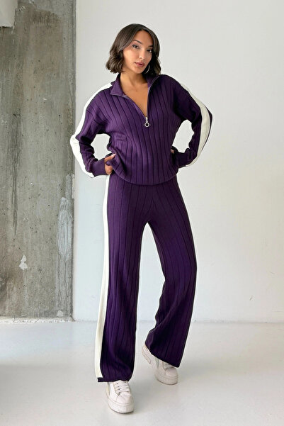 Lusin Women's Purple Stylish Stripe Detailed Sweater Palazzo Trousers Bottom ...