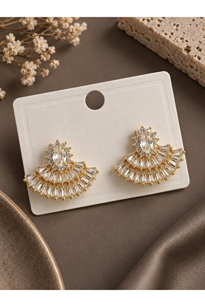 serelya Brass Gold Color Zircon Stone Fan Model Women's Earrings