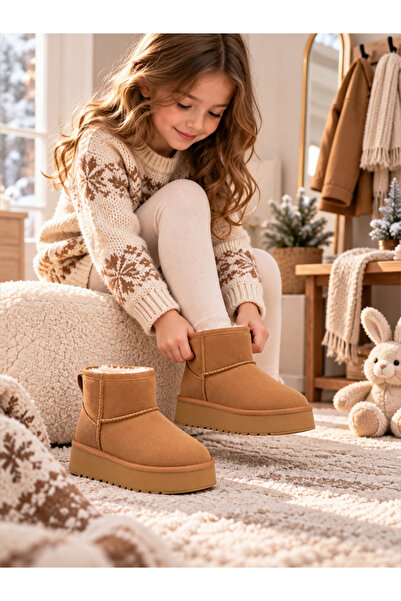 BURUNİ Children's Winter Platform Sole Mini Boots Warm and Comfortable Daily Model
