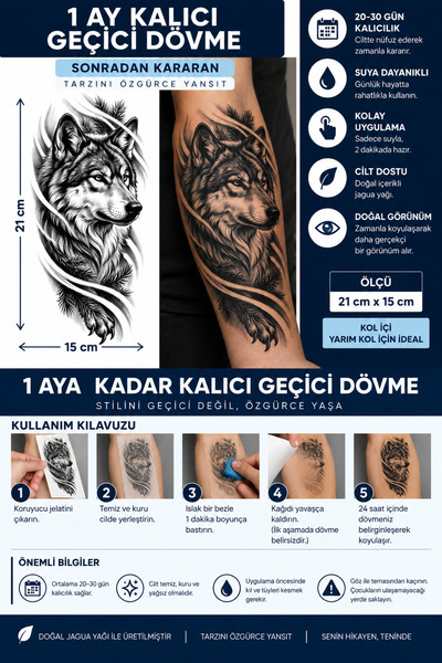 TattooLiva 1 Ay Kalıcı 24 Saat Sonra Kararan 15x21 cm Yarım Kol Kurt dövmesi ...