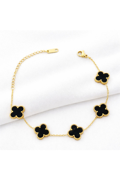 Just For You Merve Takı Imported Steel Clover Black Gold Bracelet