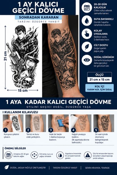 TattooLiva 1 Ay Kalıcı 24 Saat Sonra Kararan 15x21 cm Yarım Kol Anime dövmesi...