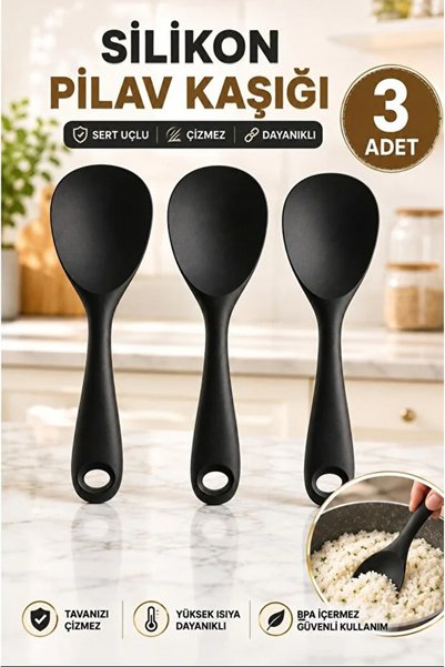 TUMU LIFE 3 Adet Ultra Sert Uçlu Silikon Servis Pilav Tatlı Kaşığı Kaşık Seti...