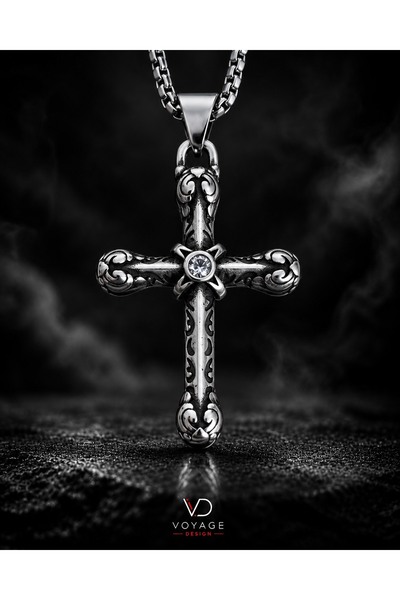 voyageaccessory Paslanmaz Çelik Büyük Boy Kristal Taşlı Gotik Tarz Haç Kolye