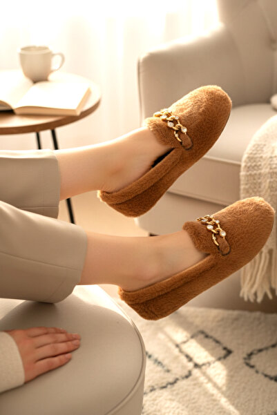 HFKY Women's Gold Chain Detailed Plush Indoor Ballerinas. Home Shoes