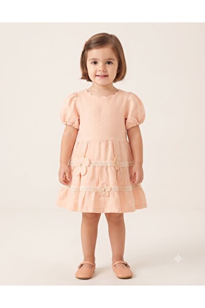 Top Kids Girls' Dress with Short Puff Sleeves and Ruffled Collar with Embosse...