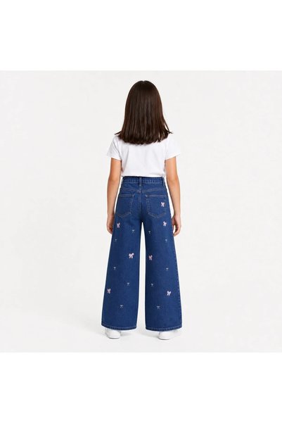 LUGMO Girl's Bow Embroidered Palazzo Jeans – High Waist Wide Leg Jeans