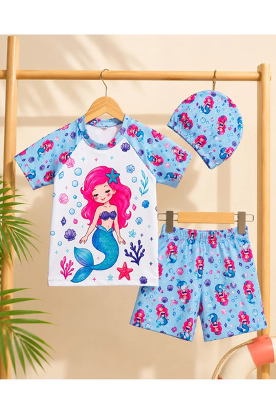 LUGMO Girl's 3-Piece Beach Set Mermaid Patterned Swimsuit Set with Bonnet Shorts