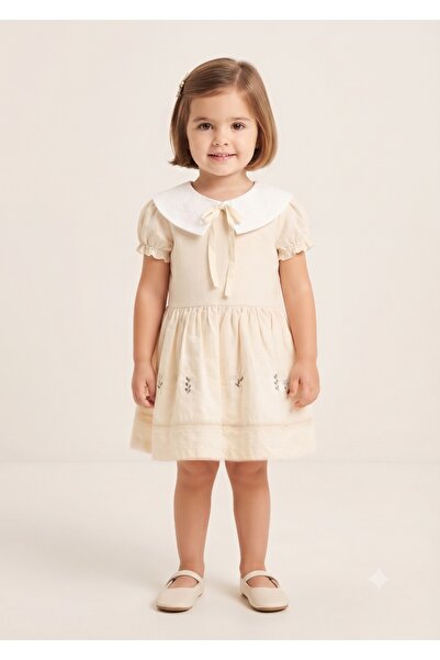 Top Kids Girls' Short Sleeve White Lace-Up Collar Floral Embroidered Dress - ...