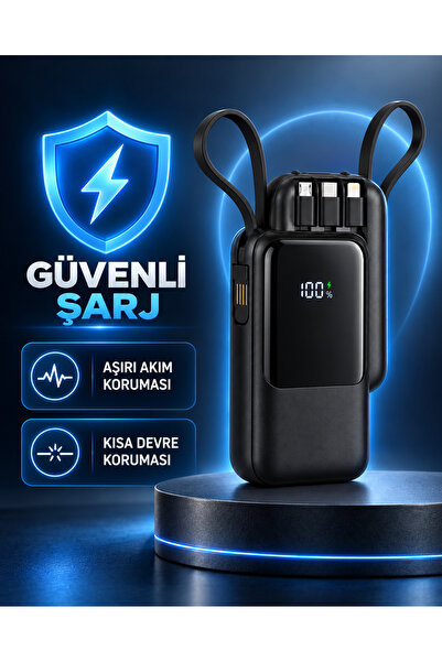 ABRAXTECH Dahili Kablolu 10.000 mAh Powerbank – 22,5W Hızlı Şarj, Dijital Gös...