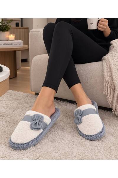 ModaTrendyy Bow-Tie Plush Furry Winter Women's Home Slippers Soft Sole Warm Indoor Comfortable Slippers Guest Dowry Gift