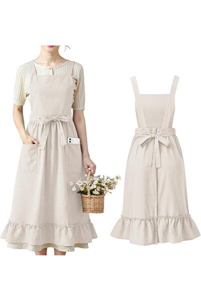 Generic Cotton Linen Vintage Apron for Women, 100% Cotton, Ruffle Hem, 2 Pock...
