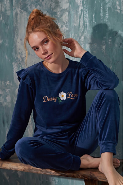 Farya Home Luxury Velvet French Velvet Pajama Set with Ruffled Shoulders and ...