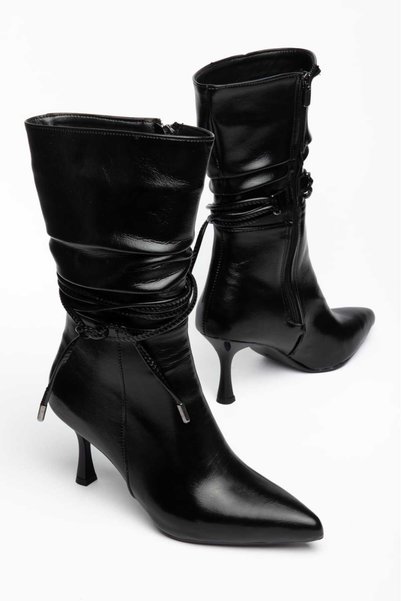 SEDRİK Pointed Toe, Drawstring Lace-Up, Side Zipper, Thin Heel, Black Patent Leather Boots