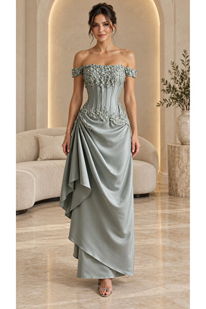 TOP BERLANTY Hemstitch Mermaid Dress with Floral Embroidery and Side Draping