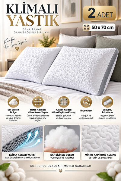 MixCotton Home 2 Adet Klimalı Silikon Yastık -Ultra Konfor-1000 Gram Saf Silikon