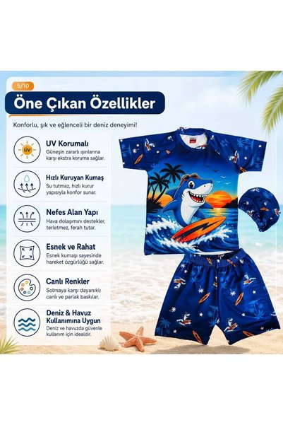 LUGMO Erkek Çocuk Köpek Balığı Desenli 3’lü Mayo Takımı Deniz Şortu Tişört Bone Seti