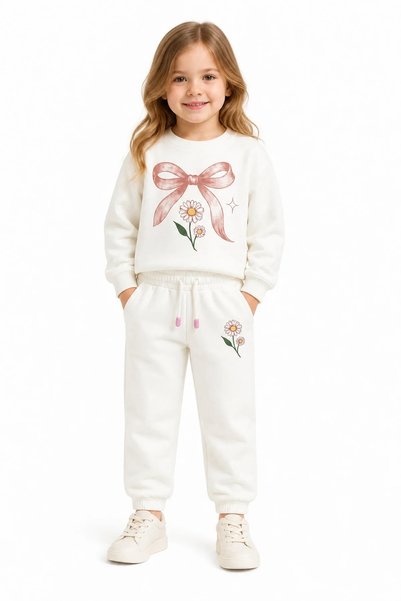 LUGMO Girl's Ecru Bow and Daisy Printed 2 Thread Sweatshirt Tracksuit Set