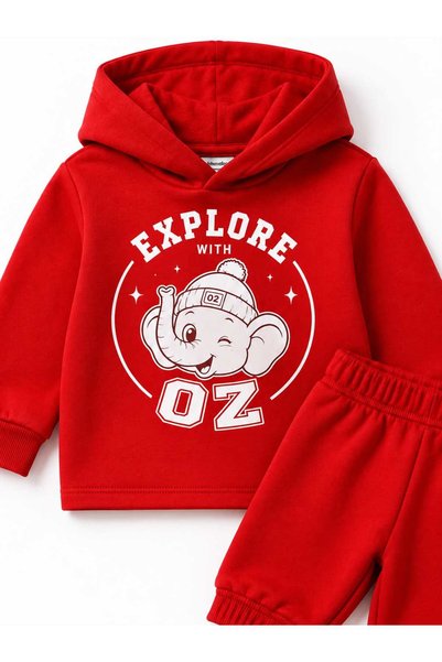 Oz Baby Hooded Elephant Printed Seasonal Girls and Boys Baby Kids Tracksuit Top and Bottom Set 1-4 Years
