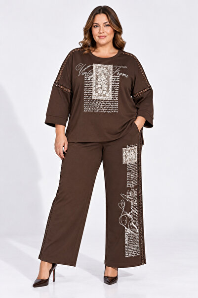 Trieste Plus Size Printed and Lace Appliqué Detailed Wide Leg Two-Piece Women...