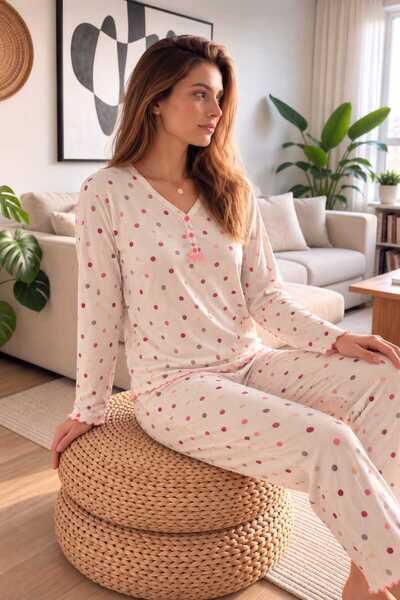PİJAMA VAKTİ Women's Pajama Set with Polka Dots and Bow Detail