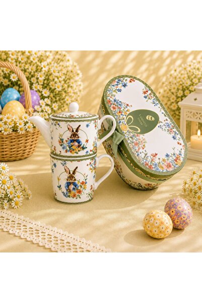 Sunumluxe ÖZEL HEDİYE KUTULU TAVŞAN DESENLİ PORSELEN DEMLİK SETİ BONE CHINA P...
