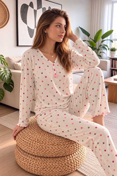 PİJAMA VAKTİ Women's Pajama Set with Polka Dots and Bow Detail