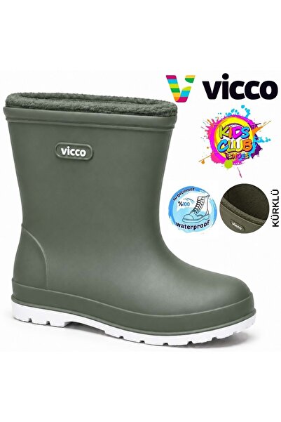Vicco Mellow Kürklü Pvc Su Çizmesi Yağmur Botu Ortopedik Çocuk Bot HAKİ