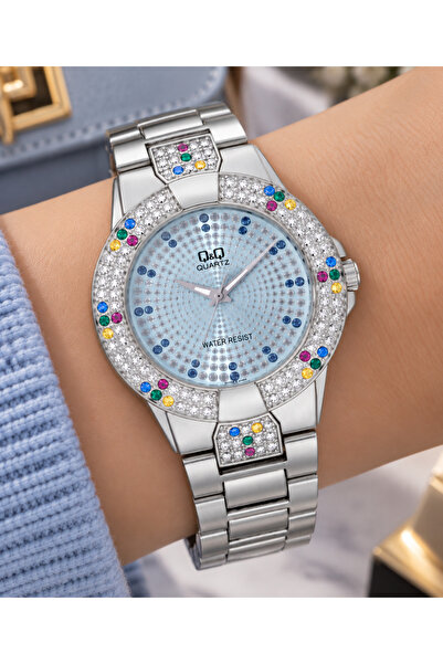 Q&Q Women's Wristwatch Silver Color Blue Dial Zircon Stone Casual and Stylish...