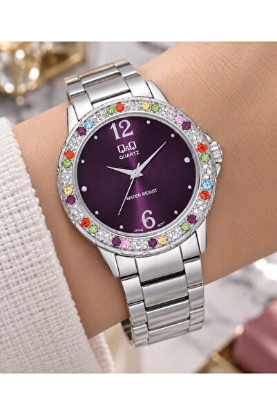 Q&Q Women's Wristwatch Silver Color Purple Dial Zircon Stone Casual and Styli...
