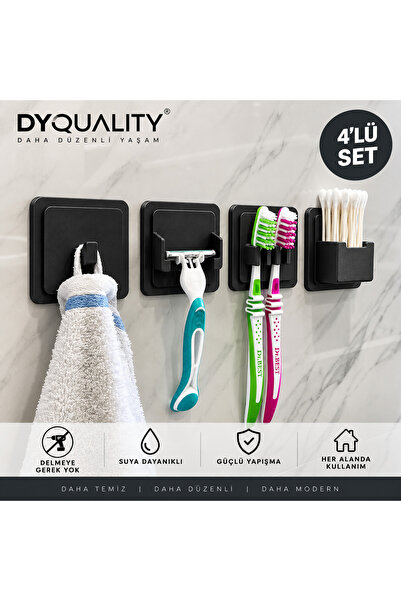 4’lü Banyo Organizer Seti – Yapışkanlı Diş Fırçalık, Jilet Askısı, Havlu Askısı ve Kulak Çubuğu Tutucu – Siyah