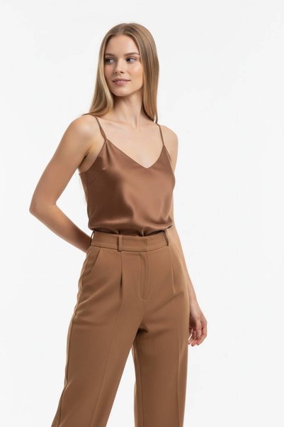 Piyer Women Women's High Waist Straight Leg Fabric Trousers – Brown