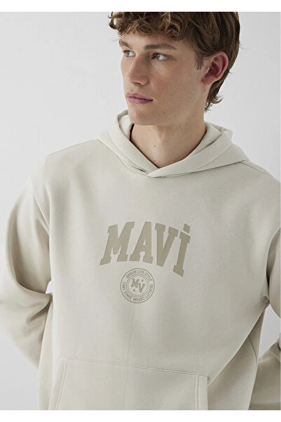 Mavi M0S10646 Logo Printed Hooded Men's Sweatshirt Beige