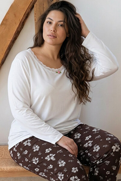 Siyah İnci Ekru Desenli Büyük Beden Battal Boy Viskon Örme Pijama Takım 26224814