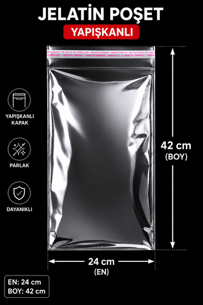 ADAPAK 100 adet 24x42 bantlı Yapışkanlı Şeffaf jelatin Poşet