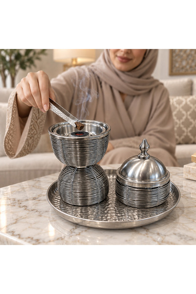 VENDIX طقم مبخرة بخور فضية مع صينية مطروقة، ووعاء تخزين بغطاء، وملقط